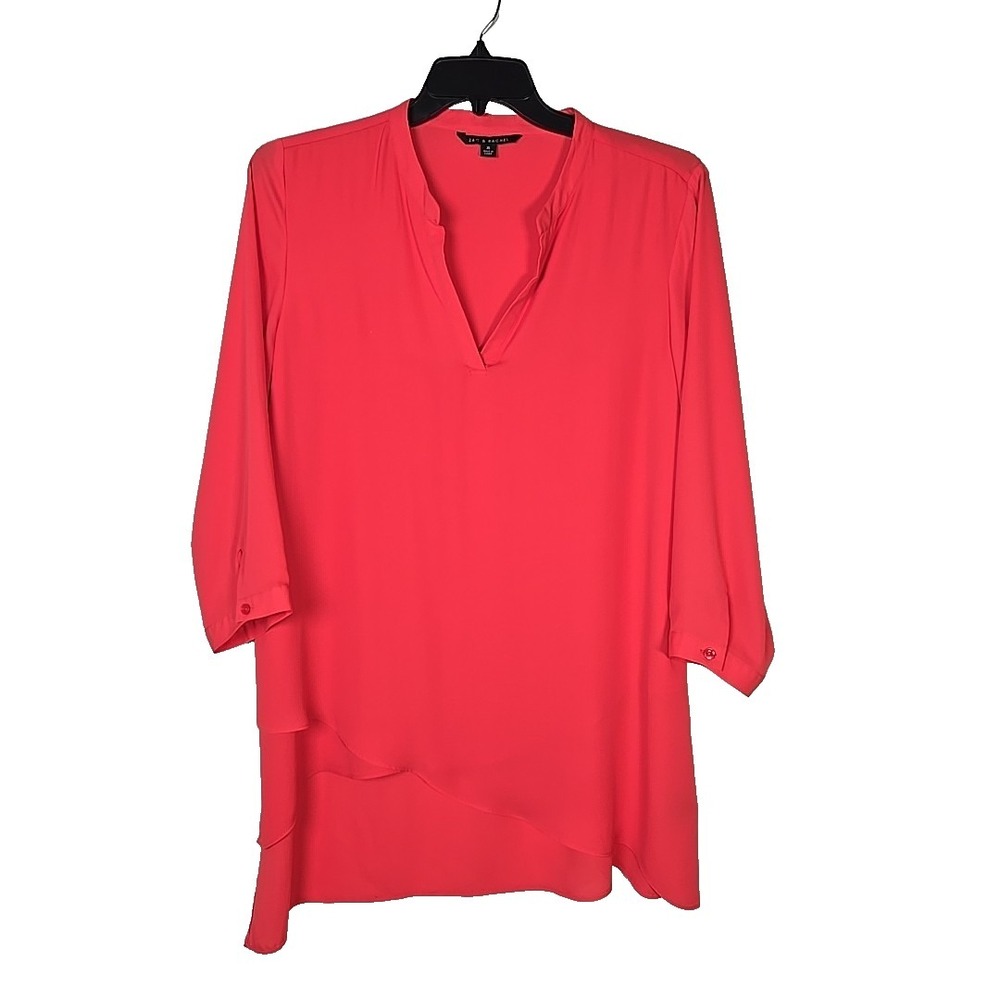 Zac & Rachel Coral Chiffon 3/4 Sleeve Hi-Lo Hem Blouse Top XL